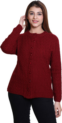 Ogarti Self Design Round Neck Casual Women Maroon Sweater
