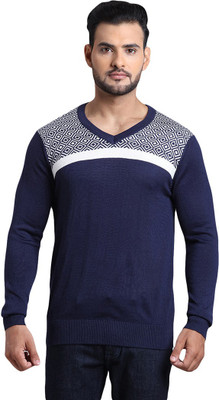 COLORPLUS Printed V Neck Casual Men Black Sweater