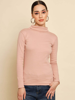 TANDUL Solid High Neck Casual Women Beige Sweater