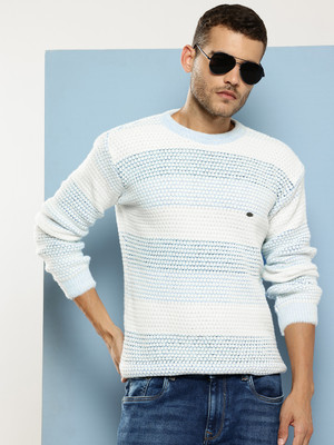 Aarika Self Design Round Neck Casual Men Light Blue Sweater