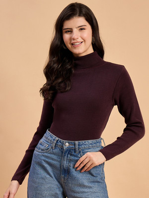 RVK Self Design High Neck Casual Women Purple Sweater