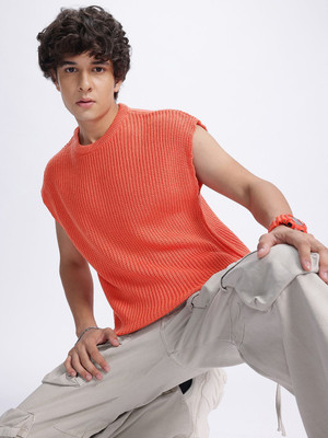 Glitchez Self Design Round Neck Casual Men Orange Sweater
