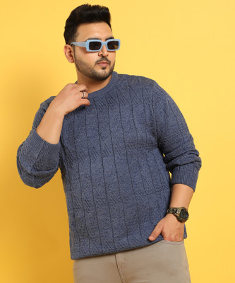 Instafab Plus Solid Round Neck Casual Men Blue Sweater