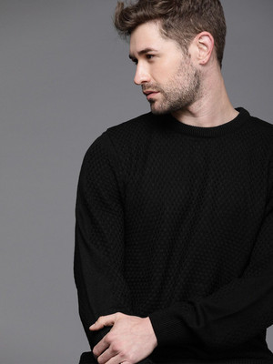 WROGN Self Design Round Neck Casual Men Black Sweater