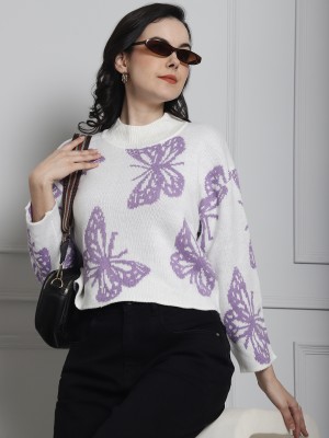 Nobarr Printed Turtle Neck Casual Women White Sweater