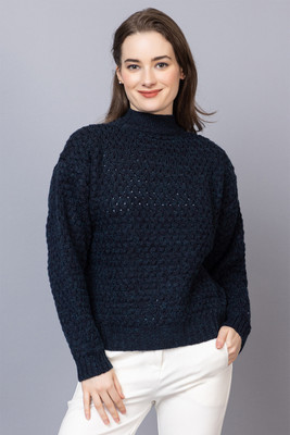 StyleDusk Solid High Neck Casual Women Blue Sweater