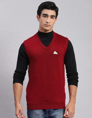 MONTE CARLO Solid V Neck Casual Men Maroon Sweater