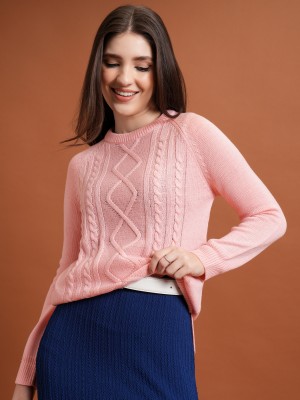 Tokyo Talkies Solid Round Neck Casual Women Pink Sweater