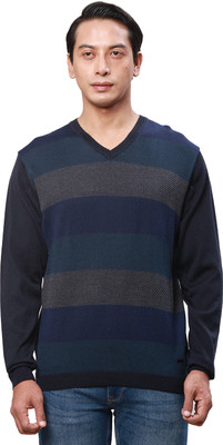 PARK AVENUE Striped V Neck Casual Men Blue Sweater