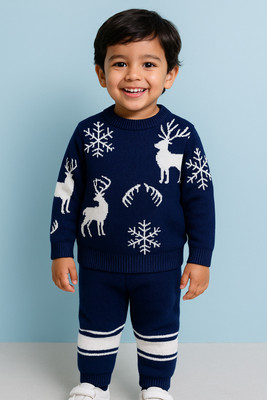 Vaidahee Printed Round Neck Casual Baby Boys Dark Blue Sweater