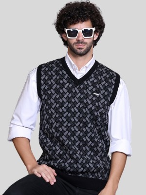 GODFREY Geometric Print V Neck Casual Men Grey Sweater