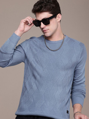 Roadster Self Design Round Neck Casual Men Blue Sweater