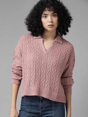 Roadster Printed V Neck Casual Women Pink Sweater