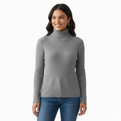 I Bar Solid High Neck Casual Women Grey Sweater
