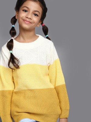 V-MART Self Design Round Neck Casual Girls Yellow, White Sweater