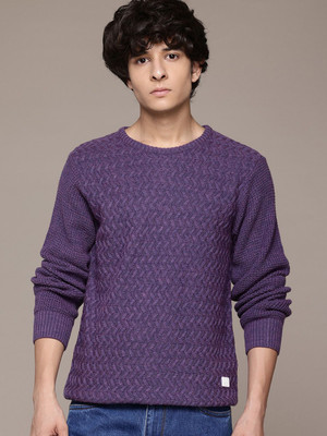 Roadster Self Design Round Neck Casual Men Purple Sweater