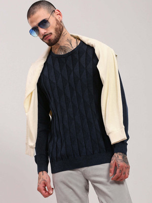 SHOWOFFFF Self Design Round Neck Casual Men Dark Blue Sweater