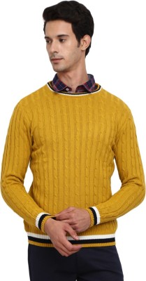 V-MART Self Design Round Neck Casual Men Yellow Sweater