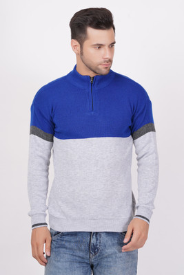 AXOLOTL Colorblock, Striped Round Neck Casual Men Blue, Grey Sweater