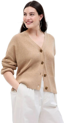 GAP Solid V Neck Casual Women Beige Sweater