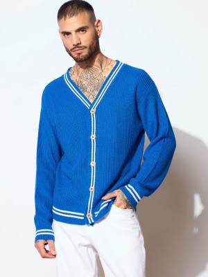 MASCLN SASSAFRAS Striped V Neck Casual Men Blue Sweater