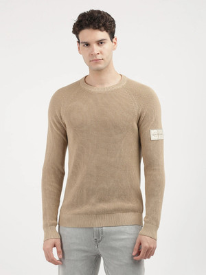 Calvin Klein Jeans Self Design Crew Neck Casual Men Beige Sweater