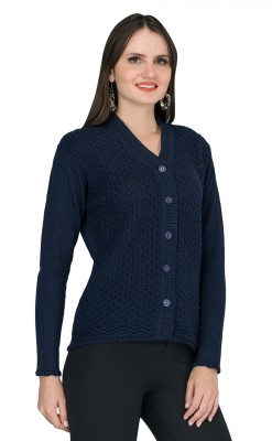 lady willington Self Design V Neck Casual Women Dark Blue Sweater