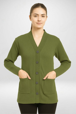 Basis Solid V Neck Casual Women Dark Green Sweater