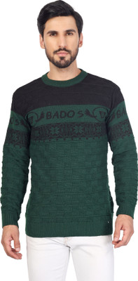 BADOS Printed Round Neck Casual Men Dark Green Sweater