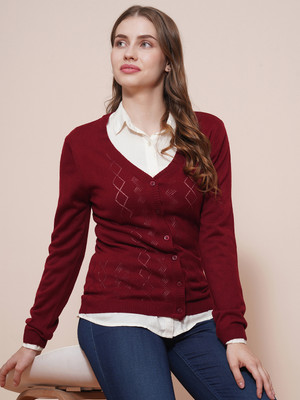 Globus Self Design V Neck Casual Women Maroon Sweater