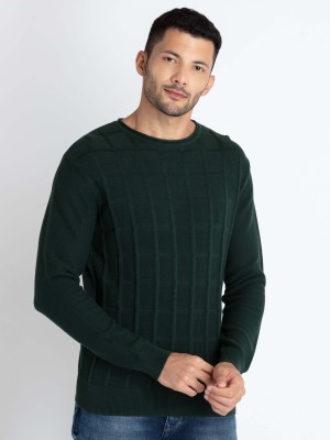 Status Quo Solid Round Neck Casual Men Green Sweater