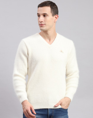 MONTE CARLO Self Design V Neck Casual Men White Sweater