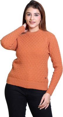 LEZA Self Design Round Neck Casual Women Orange Sweater