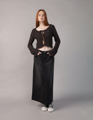 American Eagle Solid Round Neck Casual Women Black Sweater