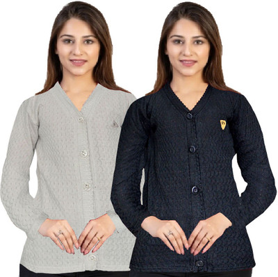 Shunit creation Self Design Round Neck Lounge Wear Women White Sweater