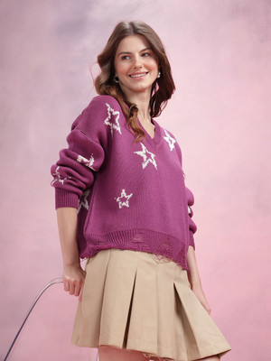 Dressberry Self Design V Neck Casual Women Purple Sweater