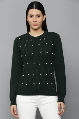 Allen Solly Embellished Round Neck Casual Women Green Sweater