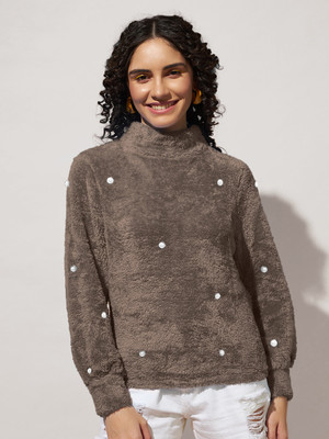 THE DRY STATE Self Design High Neck Casual Women Brown Sweater