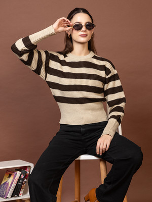 Roadster Striped Round Neck Casual Women Brown Sweater
