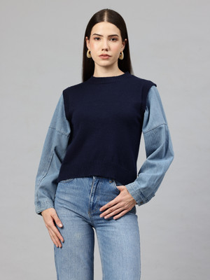 PIERRE CARLO Solid Round Neck Casual Women Blue Sweater