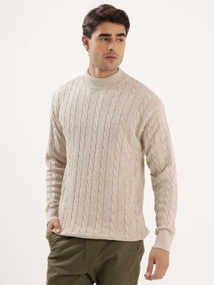 kveto Woven High Neck Casual Men Beige Sweater
