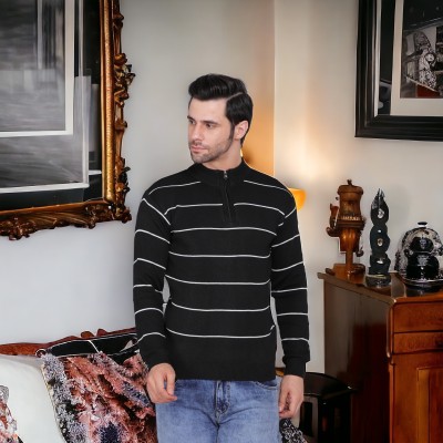 FUKUSO Striped High Neck Casual Men Black Sweater