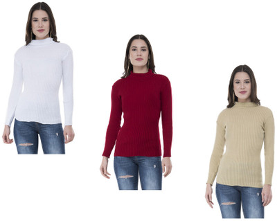 IndiWeaves Solid High Neck Casual Women White, Maroon, Beige Sweater