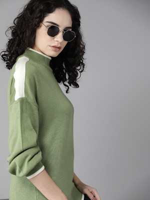 Roadster Self Design High Neck Casual Women Green Sweater