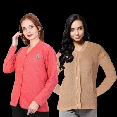 LUXURIOUS DESIGN Solid V Neck Casual Women Beige, Pink Sweater