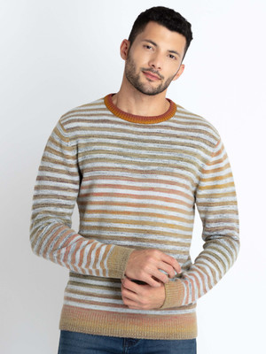 Status Quo Striped Round Neck Casual Men Yellow Sweater