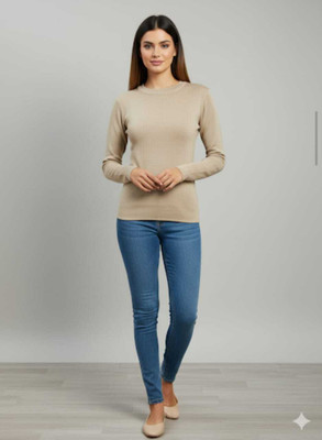 vax vax Solid Round Neck Casual Women Beige Sweater