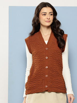 METRONAUT Self Design V Neck Casual Women Brown Sweater