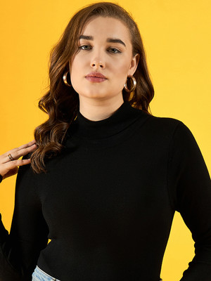 98 Degree North Self Design High Neck Casual Women Black Sweater