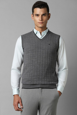 LOUIS PHILIPPE Checkered V Neck Casual Men Grey Sweater